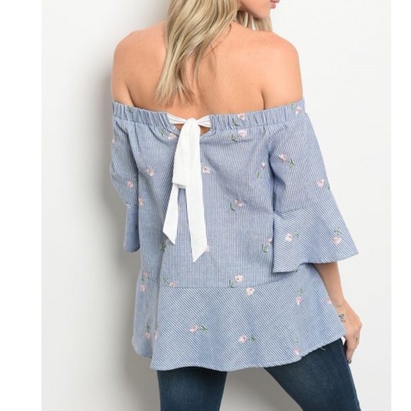 Off Shoulder Stripe and Floral Bell Sleeve - Picture 2 of 5